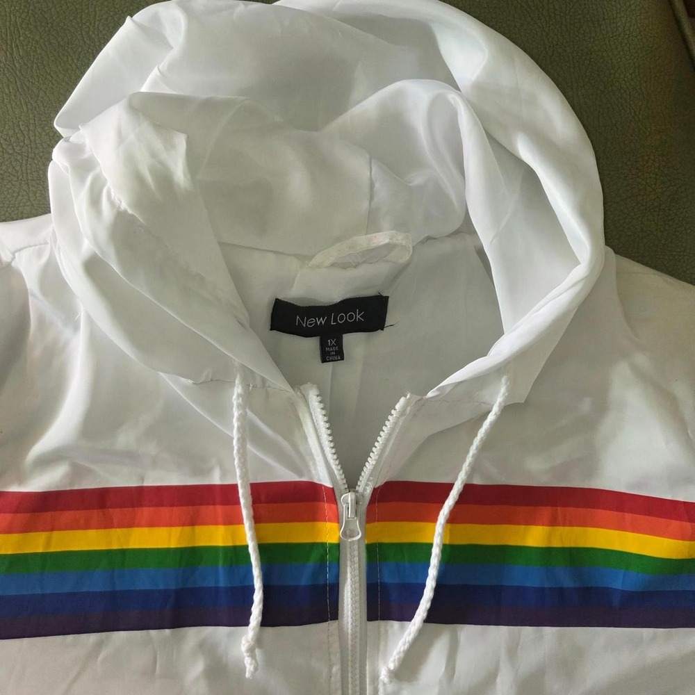 New Look White Rainbow Stripe Hooded Windbreaker Jacket 1X Pride